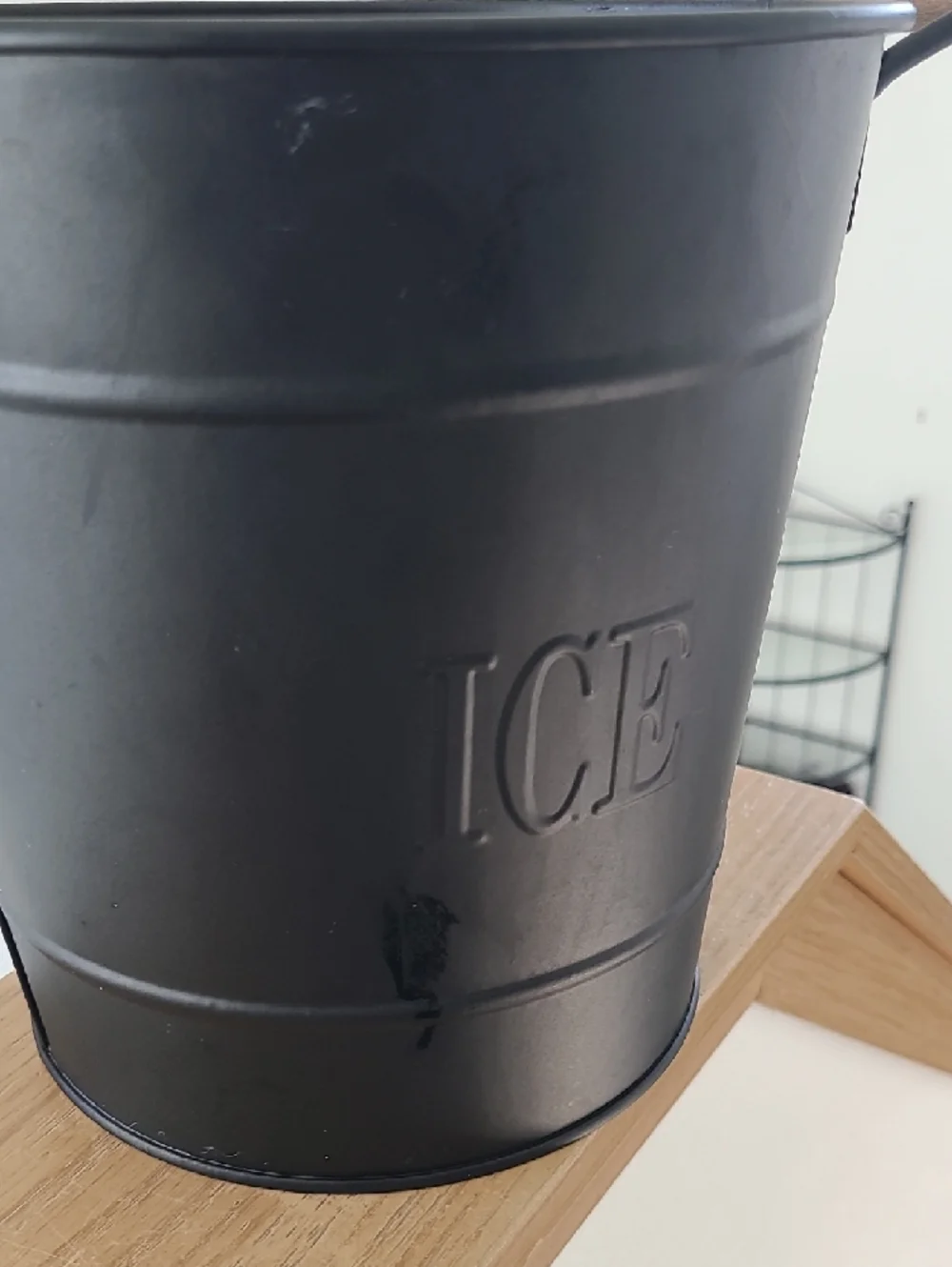 Black Metal Ice Bucket with Wooden Handle Accents Farmhouse